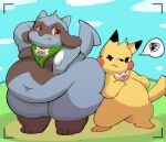  ambiguous_gender anthro big_butt blush butt duo generation_1_pokemon generation_4_pokemon hi_res navel nintendo obese overweight pikachu pokemon pokemon_(species) red_eyes riolu slightly_chubby unknown_artist 