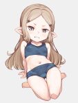  1girl barefoot blush breasts clenched_teeth commentary forehead granblue_fantasy grey_background hair_ornament harvin jingai_modoki looking_at_viewer midriff milleore navel pointy_ears simple_background small_breasts solo teeth thighs x_hair_ornament 