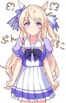  1girl animal_ears blonde_hair blue_eyes blush bow bowtie breasts closed_mouth commentary_request ear_covers hair_between_eyes highres horse_ears horse_girl long_hair looking_at_viewer pleated_skirt puff_of_air puffy_short_sleeves puffy_sleeves purple_bow purple_bowtie purple_shirt sailor_collar sailor_shirt school_uniform shirt short_sleeves simple_background single_ear_cover skirt solo tracen_school_uniform umamusume victoire_pisa_(umamusume) white_sailor_collar white_skirt yukiya_(shiya) 