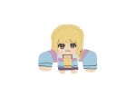  1girl :3 absurdres blonde_hair blue_jacket chibi chibi_only chibigurumi fujita_kotone gakuen_idolmaster highres idolmaster jacket large_arm looking_at_viewer open_clothes open_jacket sattou shirt simple_background solo white_background yellow_eyes yellow_shirt 