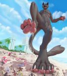  4_toes anthro ball beach beach_ball beach_umbrella black_body black_fur blockman3_(artist) city cityscape claws domestic_cat feet felid feline felis foot_focus fur hi_res inflatable landscape macro male mammal micro pawpads paws seaside soles solo toes 