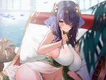  1girl ayul_(ayulneri_92) bare_shoulders blue_eyes blue_hair blush breasts commentary_request cup hair_over_eyes highres large_breasts leaf long_hair looking_at_viewer navel original pointy_ears sideboob sitting smile solo 