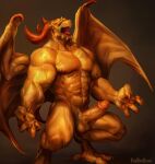  abs anthro balls dragon genitals horn male membrane_(anatomy) membranous_wings muscular muscular_male navel nipples pecs penis solo thebigslick vein veiny_muscles veiny_penis wings yellow_body 
