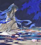  1girl abstract_background arknights blue_eyes blue_hair blue_skin colored_skin commentary cup detached_sleeves dragon_girl dragon_horns dragon_tail dress flower from_side horns kneeling ling_(arknights) long_hair long_sleeves lotus pe902 pouring profile sakazuki serious solo tail water white_dress wide_sleeves 
