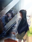  absurdres before_and_after black_hair blood blood_on_face business_suit different_reflection e.g.o_(project_moon) highres jimdlonlit justitia_(e.g.o) lobotomy_corporation nugget_(project_moon) project_moon reflection rolling_suitcase skirt suit suitcase wings 