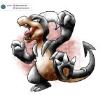  absurdres black_eyes charmeleon claws commentary english_commentary frandrawer03 full_body fusion highres houndoom instagram_username no_humans official_style open_mouth pokemon pokemon_(creature) solo sugimori_ken_(style) twitter_username watermark 