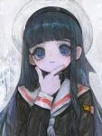  &amp;ueen 1girl absurdres black_eyes black_hair blunt_bangs cardcaptor_sakura closed_mouth daidouji_tomoyo hat highres long_hair looking_at_viewer neckerchief sailor_collar school_uniform solo tomoeda_elementary_school_uniform white_background white_neckerchief white_sailor_collar 