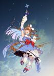  +_+ 1girl almond_eye_(the_changer)_(umamusume) almond_eye_(umamusume) animal_ears arm_up armpits blue_dress blue_eyes blue_gloves blush bow_hairband braid braided_sidelocks breasts brown_hair colored_inner_hair commentary_request detached_sleeves dress fingerless_gloves gloves hair_ornament hairband hairclip highres horse_ears horse_girl horse_tail index_finger_raised long_hair looking_at_viewer multicolored_hair oki_(koi0koi) open_mouth red_button shoes sidelocks smile solo symbol-shaped_pupils tail teeth thighhighs umamusume white_hairband white_thighhighs x-shaped_pupils 