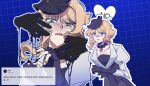  1girl black_hat black_liquid blonde_hair blue_background bow commentary_request disembodied_hand dress druvis_iii exhausted frilled_bow frills green_eyes grid_background hand_on_another's_cheek hand_on_another's_face hands_up hat highres juliet_sleeves korean_commentary korean_text long_sleeves multiple_views open_mouth puffy_sleeves reverse:1999 running scared screenshot_inset short_hair sweat tearing_up unhyang upper_body white_dress 