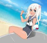  beach blue_eyes bracelet cloud commentary_request crop_top drooling eating flower food hair_flower hair_ornament happy incoming_gift jewelry kantai_collection light_blush long_hair looking_at_viewer ocean offering_food open_mouth pain_(pixiv_1806242283) ro-500_(kancolle) sand school_swimsuit shaved_ice sitting smile spoon swimsuit tan tanlines water 