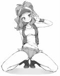  1girl arm_up ass_visible_through_thighs baseball_cap blush breasts denim denim_shorts exposed_pocket full_body greyscale hat high_ponytail highres hilda_(pokemon) long_hair looking_at_viewer medium_breasts midriff monochrome navel open_clothes open_vest pokemon pokemon_black_and_white ponytail shorts sidelocks smile solo spread_legs squatting thighs tiptoes torisanff14 v v-shaped_eyebrows vest wristband 