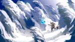  1girl 1other aiming_at_another ambiguous_gender blue_dress blue_hair cirno day dog dress flying forest gun hat highres holding holding_gun holding_weapon ice ice_wings legs_apart looking_at_another nature niy_(nenenoa) outdoors outstretched_arms rice_hat short_sleeves snow spread_arms standing sunlight touhou weapon wide_shot wings 