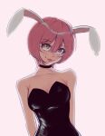  1girl black_choker boku_girl breasts brown_eyes choker cleavage collarbone english_commentary head_tilt highres leaning_to_the_side medium_breasts mole mole_under_mouth pink_background pink_hair playboy_bunny sakitteny short_hair smile solo suzushiro_mizuki upper_body 