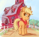  2022 applejack_(mlp) barn blonde_hair digital_drawing_(artwork) digital_media_(artwork) earth_pony equid equine female feral freckles friendship_is_magic full-length_portrait fur green_eyes hair happy hasbro hi_res horse inner_ear_fluff kerchief looking_at_viewer mammal my_little_pony neckerchief orange_body orange_fur pony portrait quadruped red_kerchief red_neckerchief smile solo sweet_apple_acres tail tuft yellow_tail zeepheru_pone 