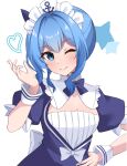  1girl ;) anchor_symbol blue_bow blue_bowtie blue_dress blue_eyes blue_hair blue_ribbon bow bowtie breasts cet_(hajisirazunoko) closed_mouth commentary_request cosplay dress framed_breasts hair_ribbon highres hololive hoshimachi_suisei light_blush looking_at_viewer maid maid_headdress medium_hair minato_aqua minato_aqua_(cosplay) one_eye_closed puffy_short_sleeves puffy_sleeves ribbon see-through_cleavage short_sleeves side_ponytail sidelocks small_breasts smile solo star_(symbol) star_in_eye symbol_in_eye underbust virtual_youtuber wrist_cuffs 