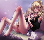  1girl anpsart artist_name barefoot blonde_hair blush bottomless citrus_(saburouta) english_commentary feet female_masturbation fingering green_eyes highres indoors jewelry lips long_hair looking_at_viewer lying magazine_(object) masturbation nail_polish on_back pants pants_removed pillow pussy ring solo sweat tank_top tissue_box toenail_polish toenails toes used_tissue wedding_ring 