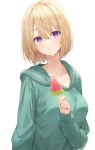  1girl bangs blonde_hair breasts closed_mouth collarbone food green_hood hair_between_eyes highres holding holding_food hood hood_down kakkou_no_iinazuke kanaria_hisagi large_breasts looking_at_viewer popsicle purple_eyes short_hair simple_background smile solo umino_sachi_(kakkou_no_iinazuke) upper_body watermelon_bar white_background 