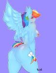  anthro anthrofied blue_background blue_body blue_feathers blush breasts butt cutie_mark equid equine feathered_wings feathers female friendship_is_magic grin hair hasbro hi_res mammal mariadraws410 multicolored_hair multicolored_tail my_little_pony nipple_piercing nipples pegasus piercing pink_eyes rainbow_dash_(mlp) rainbow_hair rainbow_tail short_tail simple_background smile tail wings 