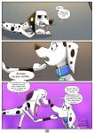  101_dalmatian_street 101_dalmatians absurd_res black_and_white_fur black_eyes canid canine canis claws collar comic comic_sans dalmatian delilah_(101_dalmatians) delilah_(the_succubus_hunt) demon demon_eyes dialogue disney dolly_(101_dalmatians) domestic_dog doppleganger duo english_text evil_grin fangs female fenris64 feral finger_claws finger_on_chin floppy_ears fur hi_res holding_chin holding_mouth leader_(the_succubus_hunt) mammal purple_eyes raised_finger sad scared shadow size_difference small_dom_big_sub smile speech_bubble spots spotted_body spotted_fur succubus taunting teeth text the_succubus_hunt toonkind toony 