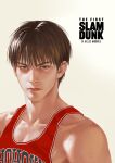  1boy absurdres basketball_uniform black_eyes black_hair closed_mouth copyright_name highres jersey lips looking_at_viewer male_focus mamba realistic red_shirt rukawa_kaede shirt simple_background slam_dunk_(series) sleeveless sleeveless_shirt solo sportswear 