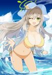  1girl ;d bangs bikini blonde_hair blue_archive blue_sky blush breasts cleavage cloud cloudy_sky collarbone front-tie_top green_eyes halo hat highres jacket large_breasts long_hair long_sleeves looking_at_viewer navel nonomi_(blue_archive) nonomi_(swimsuit)_(blue_archive) ocean off_shoulder one_eye_closed open_mouth outdoors see-through see-through_skirt shiduki_eku side-tie_bikini_bottom skirt sky smile solo splashing straight_hair sun_hat swept_bangs swimsuit wading white_headwear yellow_bikini 