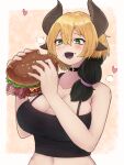  1girl animal_ears bare_arms black_collar black_hair black_shirt blonde_hair blush breasts burger cleavage collar commission cow_ears cow_girl cow_horns crop_top eating food green_eyes heart highres holding holding_food horns large_breasts monster_girl multicolored_hair navel original shirt simple_background skeb_commission sleeveless solo two-tone_hair upper_body yonaga_san 