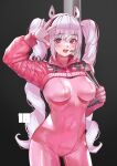  1girl alice_(nikke) bangs blush bodysuit breasts clothes_writing covered_navel cropped_jacket gloves goddess_of_victory:_nikke headphones headset highres holding_strap jacket latex latex_bodysuit long_hair long_sleeves looking_at_viewer medium_breasts nanja open_mouth pink_bodysuit pink_eyes pink_hair pink_jacket simple_background solo twintails very_long_hair 