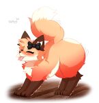  2023 all_fours ambiguous_gender ass_up blush bow_accessory bow_ribbon brown_body brown_fur butt canid canine dahlia_(taffyy) eyes_closed feral fox fur girly hi_res inner_ear_fluff mammal orange_body orange_fur raised_tail red_fox solo stretching taffyy tail thick_thighs tongue tongue_out trans_(lore) trans_woman_(lore) tuft white_body white_fur 