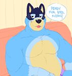  anthro bandit_heeler black_nose bluey_(series) briefs clothed clothing daire301 english_text flirting furniture hi_res male open_mouth purple_briefs purple_clothing purple_underwear smile sofa solo teeth_showing text topless underwear 