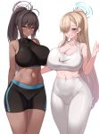  2girls arm_behind_back ass_visible_through_thighs asuna_(blue_archive) asymmetrical_docking bare_shoulders bike_shorts black_hair black_shorts blonde_hair blue_archive breast_press breasts closed_mouth collarbone commentary covered_collarbone dark-skinned_female dark_skin grin hair_over_one_eye halo high-waist_pants high_ponytail highres huge_breasts karin_(blue_archive) kuavera light_frown long_hair looking_at_viewer mole mole_on_breast multiple_girls navel nike pants short_shorts shorts simple_background smile sports_bra sportswear standing thigh_gap thighs very_long_hair white_background white_pants white_sports_bra yellow_eyes yoga_pants 
