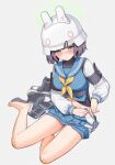  1girl adjusting_clothes aqua_eyes armband bandaid bandaid_on_knee bandaid_on_leg bare_legs barefoot blue_archive blue_sailor_collar blue_shirt blush breasts closed_mouth commentary crop_top dpea9 feet full_body grey_background halo helmet highres large_breasts legs medium_hair midriff_peek miniskirt navel on_ground puffy_sleeves purple_hair pussy_juice sailor_collar saki_(blue_archive) shadow shirt shoes shoes_removed sidelocks sitting skirt socks_removed solo sweatdrop symbol-only_commentary thighs toes white_headwear white_sleeves yokozuwari 