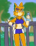  absurd_res accessory anthro athletic athletic_female bottle bottomwear bra breasts cheek_tuft clock clothed clothing container digital_media_(artwork) facial_tuft female fur generation_9_pokemon hair headband hi_res mammal midriff nintendo notsafeforvee orange_body orange_eyes orange_fur pawmot plant pokemon pokemon_(species) rodent sciurid shorts smile solo sports_bra tree tuft underwear watch water_bottle wristwatch 