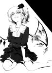  alternate_costume collarbone crystal evil_smile feet_out_of_frame flandre_scarlet greyscale highres karaori kyoto_fantasy_troupe monochrome partially_unbuttoned short_sleeves side_ponytail sitting skirt smile the_sealed_esoteric_history thighhighs touhou wings 