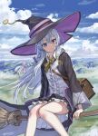  1girl absurdres bag black_skirt blue_sky bow bowtie braid broom broom_riding cloud day elaina_(majo_no_tabitabi) flying frilled_shirt frills grey_hair hat hexagram highres long_hair long_sleeves majo_no_tabitabi mountainous_horizon outdoors pleated_skirt purple_bow purple_eyes shirt sitting skirt sky smile solo sun_gzf white_shirt witch witch_hat yellow_bow yellow_bowtie 