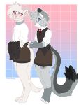  anthro apron bashful blue_eyes blush bottomwear clothed clothing collar digital_media_(artwork) dipstick_ears dipstick_fingers dipstick_tail dipstick_toes domestic_cat domestic_ferret dress_shirt duo egyptian_mau eyewear felid feline felis geary girly glasses grey_body hair hi_res honey_llemon horn hybrid imp looking_back male male/male mammal markings multicolored_ears multicolored_tail mustelid musteline necktie nixuelle otter pink_horn pink_nose red_eyes rolled_up_sleeves shirt simple_background skirt smile spots spotted_markings tail tail_markings topwear true_musteline tying_clothes vest weasel white_body 