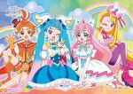  4girls ascot bangs blonde_hair blue_bow blue_eyes blue_hair bow brooch cure_butterfly cure_prism cure_sky cure_wing dress earrings fingerless_gloves gloves green_eyes hat hirogaru_sky!_precure jewelry long_hair magical_girl mini_hat mini_top_hat multiple_girls nijigaoka_mashiro official_art one_eye_closed open_mouth orange_gloves orange_hair pink_footwear pink_hair pink_headwear pink_skirt precure purple_eyes red_eyes single_thighhigh sitting skirt smile sora_harewataru thighhighs third-party_source top_hat twintails very_long_hair white_dress white_gloves wing_brooch wing_hair_ornament 