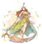  1girl arm_strap bangs breasts brown_hair circle circlet cleavage dress feathers final_fantasy final_fantasy_xiv floating flower full_body green_dress green_eyes hair_ornament highres holding holding_scythe holding_weapon large_breasts leaf_hair_ornament long_hair looking_to_the_side nophica omori_hakumai parted_bangs petals sandals scythe sideboob smile solo strapless strapless_dress thighlet very_long_hair wavy_hair weapon wind wristband 