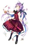  1girl anarogumaaa ascot bare_shoulders black_ascot black_socks dragon_tail dress full_body hair_ornament highres holding holding_weapon katana koryuu_kagemitsu_(tenka_hyakken) loafers low_ponytail open_mouth purple_hair red_dress scabbard sheath shoes socks standing sword tail tenka_hyakken weapon yellow_eyes 