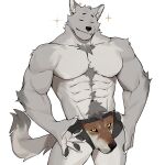  1:1 5_fingers abs absurd_res anthro black_pawpads bulge canid canine canis claws clothed clothing countershade_fur countershade_torso countershading eyes_closed fingers fur gakujo grey_body grey_fur hi_res inner_ear_fluff male mammal meme meme_clothing muscular muscular_anthro muscular_male pawpads pecs simple_background smile solo tail tuft underwear underwear_only white_background wolf 