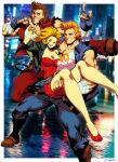  2boys 2girls anniversary billy_lee blonde_hair boots breasts building cake carrying cityscape double_dragon double_dragon_neon dragon dress english_commentary fingerless_gloves food genzoman gloves grin highres jimmy_lee kunio-kun_series lights looking_at_viewer marian_kelly multiple_boys multiple_girls night official_art signature smile 