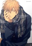  1boy bangs black_sweater blonde_hair commentary_request earrings hand_on_own_chin hoop_earrings jewelry kise_ryouta kuroko_no_basuke long_sleeves looking_away male_focus mashima_shima parted_lips plaid plaid_scarf scarf short_hair snowing solo sweater yellow_eyes 