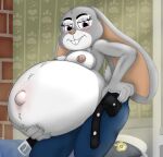  2023 absurd_res anthro areola bed bed_sheet bedding belly belt big_belly blush bottomwear breasts buckteeth clothed clothing cotton_tail disney female fur furniture grey_body grey_fur hand_on_stomach hi_res ill-fitting_clothes inside judy_hopps lagomorph leporid long_ears looking_down mammal navel nipples outie_navel pants police_badge police_uniform pregnant pregnant_female pulling_up_pants purple_eyes rabbit teeth tight_clothing topless undyingwolf uniform wallpaper_(decoration) white_body white_fur zootopia 