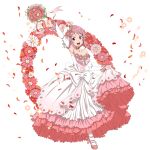 1girl :d ankle_ribbon arch arm_up armpits bouquet breasts cleavage collarbone commentary_request detached_sleeves dress floral_arch flower full_body hair_flower hair_ornament high_heels highres holding holding_bouquet layered_dress leg_ribbon leg_up lisbeth_(sao) long_dress looking_at_viewer medium_breasts non-web_source official_art open_mouth orange_flower petals pink_eyes pink_flower pink_footwear pink_hair pink_ribbon pumps red_flower ribbon sidelocks simple_background skirt_hold smile solo standing standing_on_one_leg strapless strapless_dress sword_art_online sword_art_online:_memory_defrag transparent_background wedding_dress white_dress 