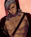  1boy black_jacket black_sclera closed_mouth colored_sclera grey_hair highres jacket jojo_no_kimyou_na_bouken lips long_sleeves looking_at_viewer male_focus meron_nouka nipples open_clothes open_jacket pink_background red_eyes risotto_nero short_hair simple_background solo upper_body vento_aureo 