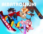  1girl 2boys alba_(senyuu) alternate_costume black_eyes black_hair blue_sky brown_hair hat heart looking_back multiple_boys noi382 pink_hair red_eyes red_skirt ross_(senyuu) ruki_(senyuu) sen&#039;yuu. skirt sky snowboard snowboarding 