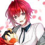  1boy black_coat black_gloves brown_eyes clock_over_orquesta coat coat_on_shoulders fuwa_tokihito gloves highres long_sleeves looking_at_viewer male_focus official_style omizuyh open_mouth red_hair rubber_duck rubber_duck_(clock_over_orquesta) shirt short_hair solo white_background white_shirt 