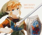  1boy blonde_hair blue_eyes green_headwear green_tunic hair_between_eyes hat highres holding holding_shield holding_sword holding_weapon light_smile link looking_at_viewer male_focus maruta_maruta master_sword medium_hair pointy_ears shield sidelocks solo sword the_legend_of_zelda triforce twitter_username upper_body weapon 