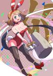  1girl animal_ears armlet bare_shoulders black_bow blue_eyes bow bow_choker breasts brown_hair chinese_zodiac cleavage collarbone fake_animal_ears fake_tail gloves high_heels holding holding_mallet leotard looking_at_viewer mallet masamu_(leonore69) may_(pokemon) open_mouth playboy_bunny pokemon pokemon_(game) pokemon_oras rabbit_ears rabbit_tail red_footwear red_leotard solo tail thighhighs white_gloves year_of_the_rabbit 