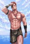  1boy abs armband bara beard brown_eyes carless_(ppanic) cloud day eyepatch facial_hair fire_emblem fire_emblem_echoes:_shadows_of_valentia green_shorts highres jewelry large_pectorals male_focus muscular muscular_male navel necklace nipples outdoors pectorals red_hair saber_(fire_emblem) short_hair shorts sky solo sweat topless_male 