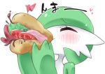  1girl ^_^ blurry blush bob_cut closed_eyes colored_skin commentary_request cucumber cucumber_slice depth_of_field eating food gardevoir green_hair green_skin ham hands_up heart highres holding holding_food lettuce m3_(gardevoir_m3) mini_flag multicolored_skin poke_ball_symbol pokemon pokemon_(creature) portrait raised_eyebrows sandwich sauce sausage short_hair simple_background solo spoken_heart textless_version tomato tomato_slice translation_request two-tone_skin white_background white_skin 
